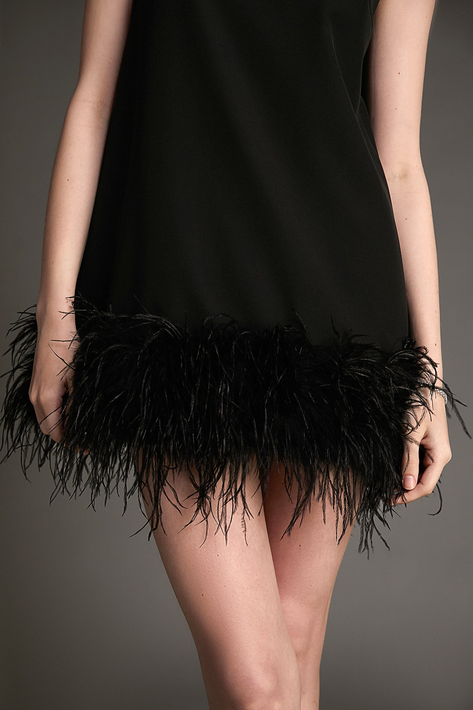 Mock Neck Sleeveless Feather Trim Shift Mini Dress