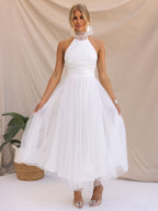 Tulle Midi Dress Halter Pleated Empire Waist Open Back Elegant Prom Dresses