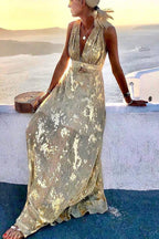 Jovita Aesthetic Long Dress with V Neck and Gold Sequins Chic Silhouette Collection