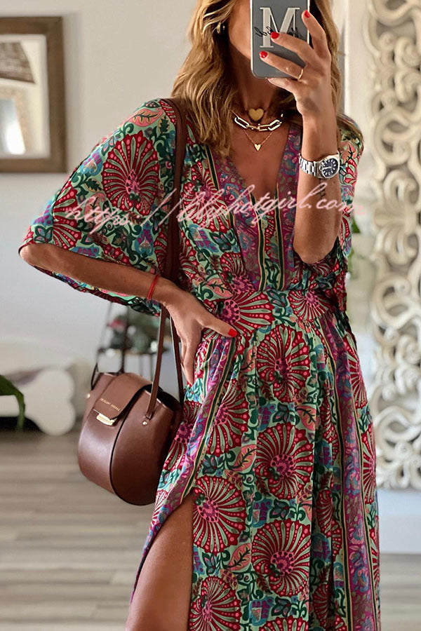 Boho Fan Print V-Neck Kimono Sleeve High Slit Maxi Dress