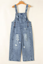 Blue Zone Planet | Stone Blue Distressed Bib Pocket Wide Leg Denim Overall