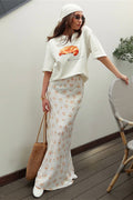 High Waist Satin Floral Print Drape Skirt