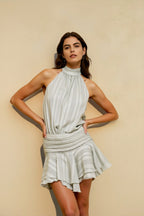 Halter Mock Neck Smocked Waist Ruffle Hem Romper