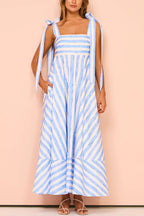 Treasured Times Stripe Print Tie-up Shoulder Pocketed A-line Maxi Dress