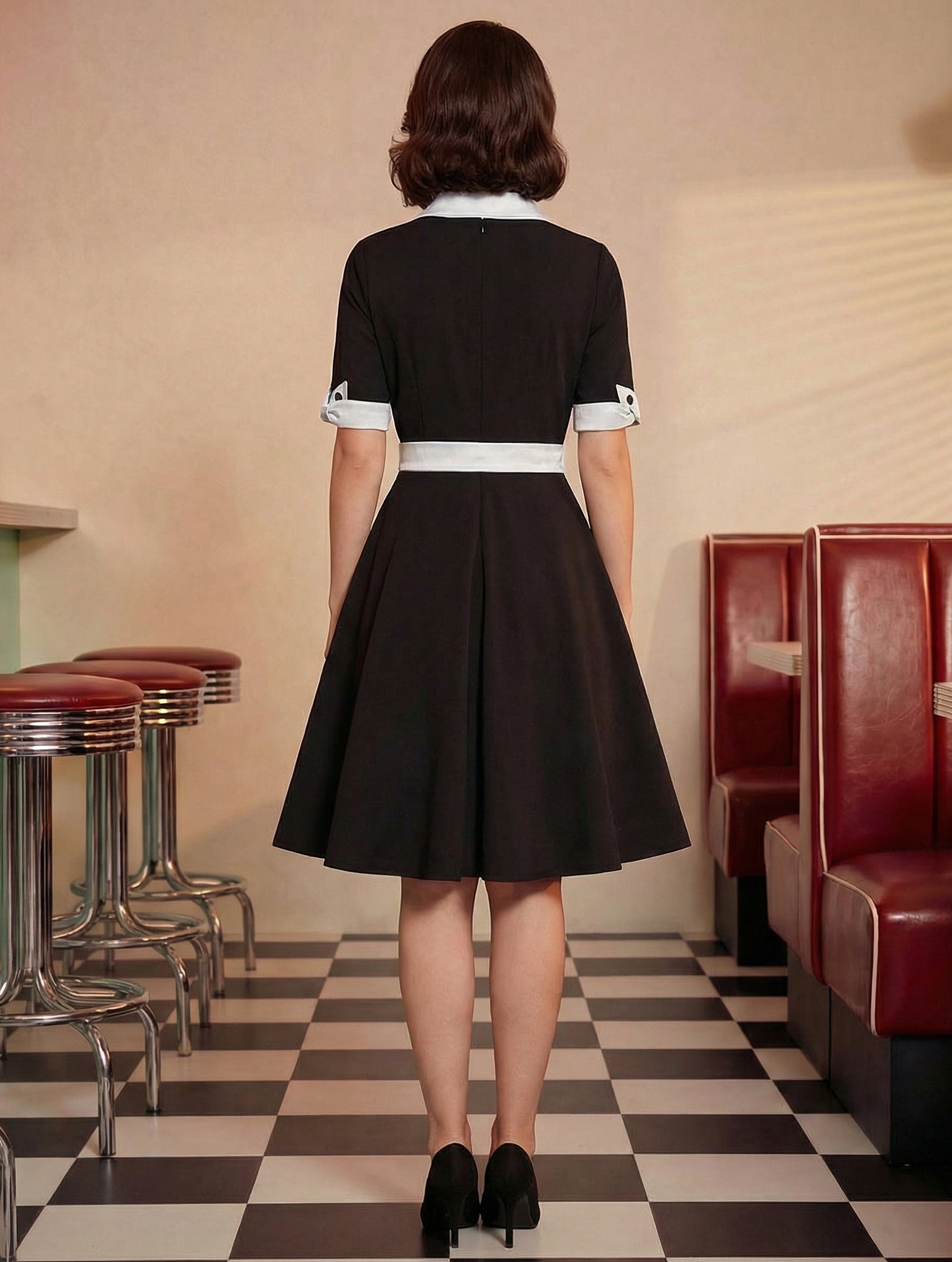 Vintage Dress 1950s Yellow Two-Tone Bows Short Sleeves Embellished Collar Medium Swing Dress
