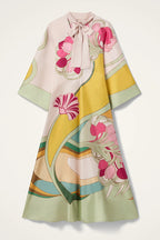 Darla Satin Colorful Baroque Style Printed Tie-up Neck Bell Sleeve Maxi Dress