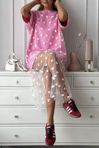Heart Print Mesh Patchwork T-shirt Dress