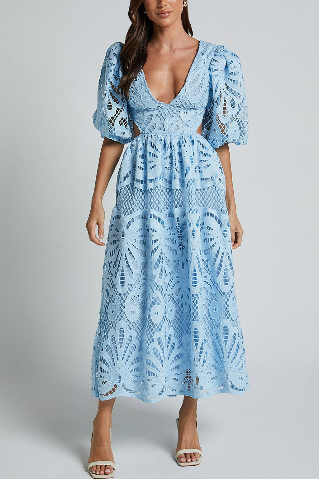 V-neck Lace Embroidery Hollow Waist Dress