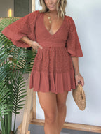 Lace Overlay Wrap V-Neck Smocked Waist Button Front Mini Romper