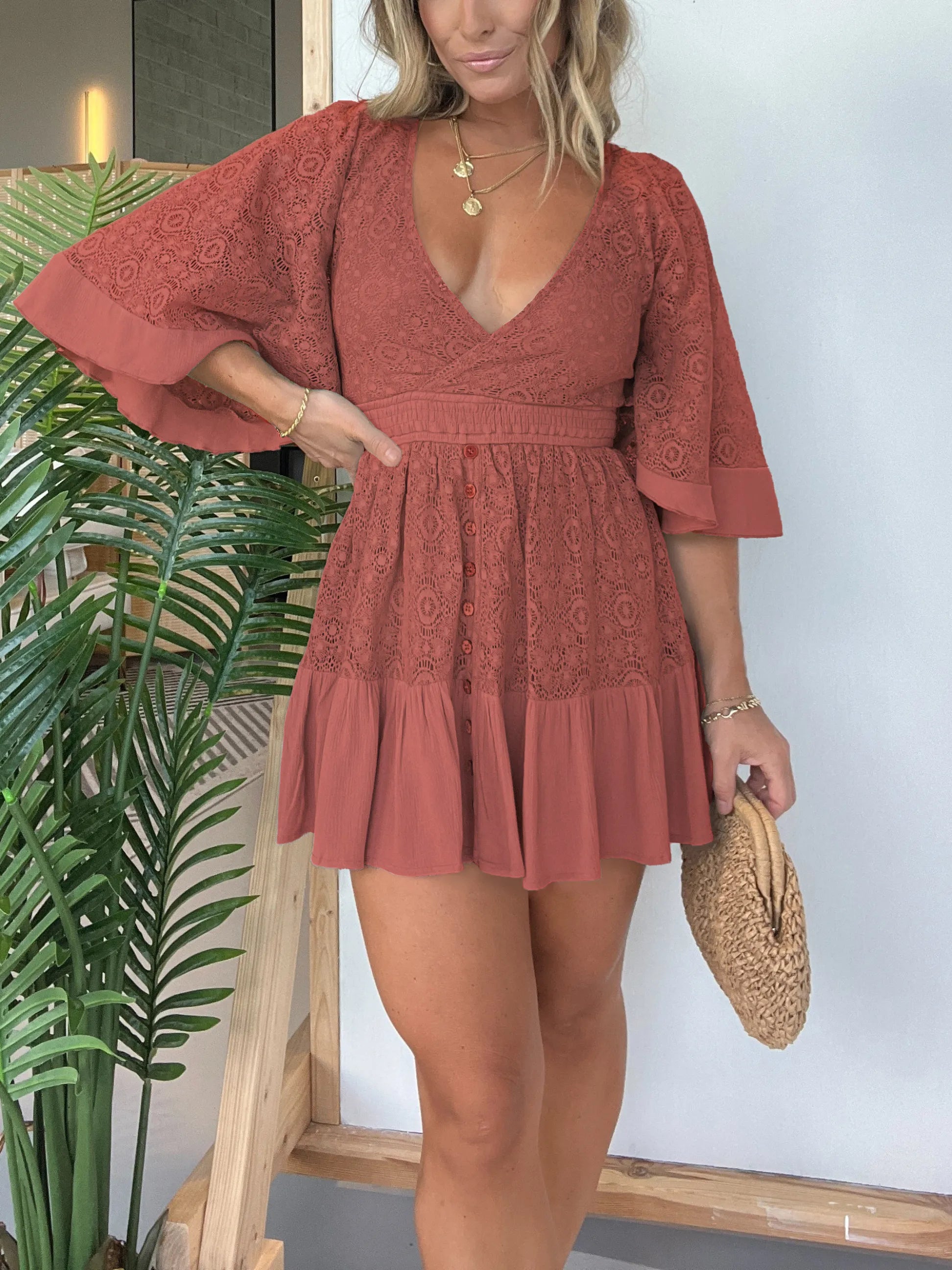 Lace Overlay Wrap V-Neck Smocked Waist Button Front Mini Romper