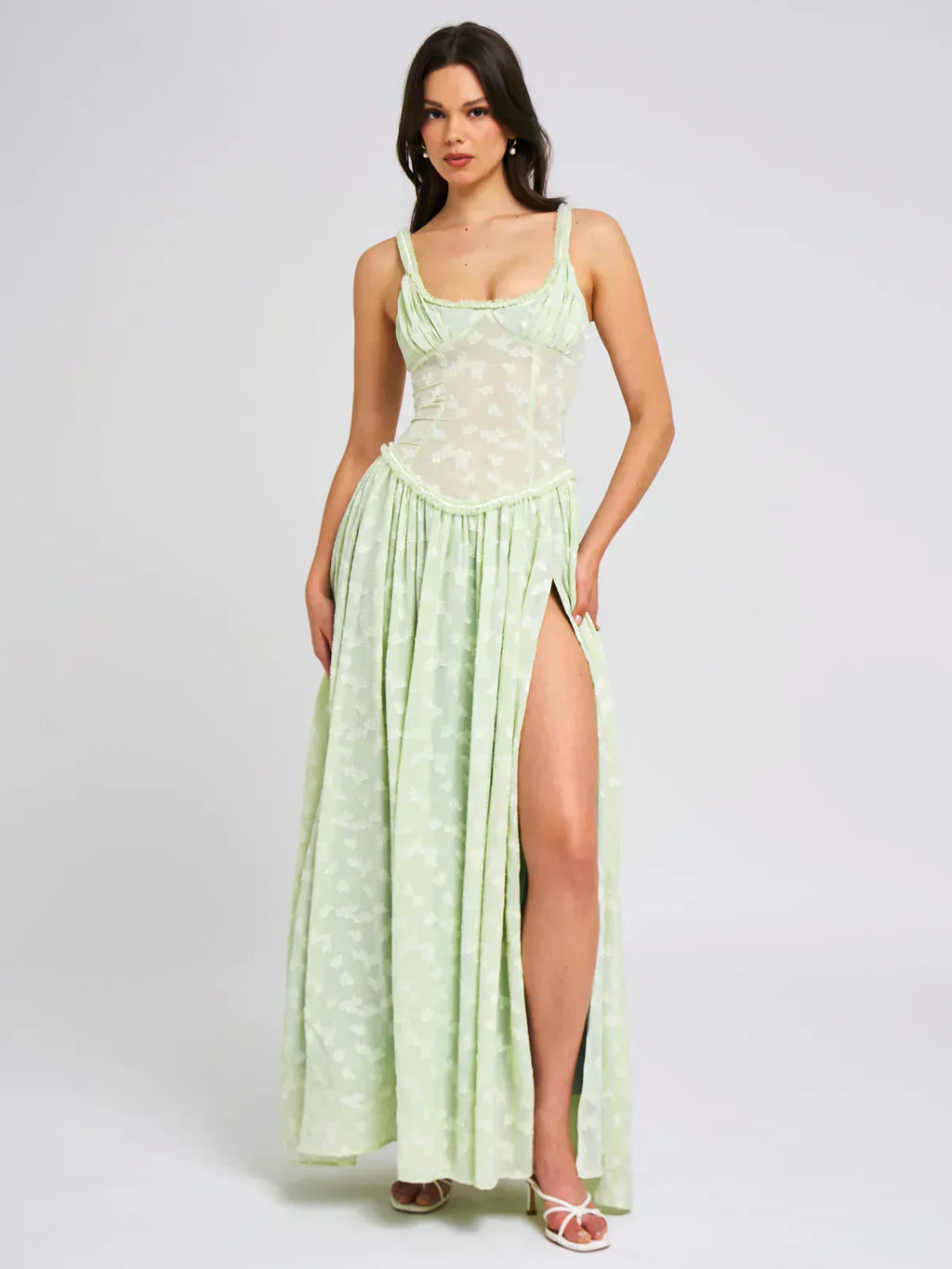 Lace Overlay Corset Bodice Scoop Neck Pleated Thigh Slit Maxi Dress