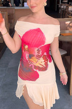 Orchid Floral Print One Shoulder Ruffle Handkerchief Hem Mini Dress