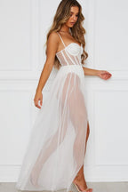 Strapless Corset Mesh Overlay Thigh Slit Maxi Dress