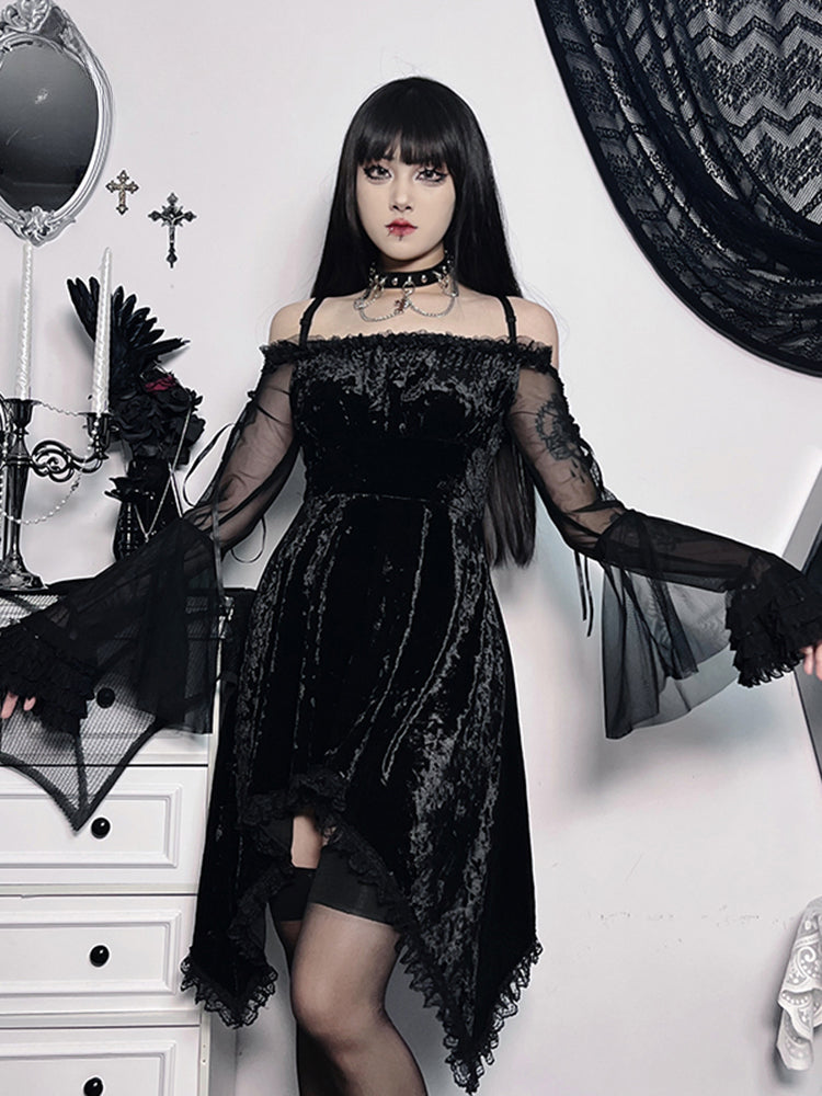 Off Shoulder Crushed Velvet Lace Trim Bell Sleeve Gothic Mini Dress