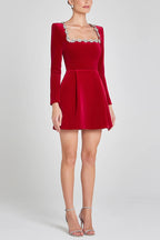 Velvet Square Neck Rhinestone Trim Long Sleeve Pocket A-Line Mini Dress