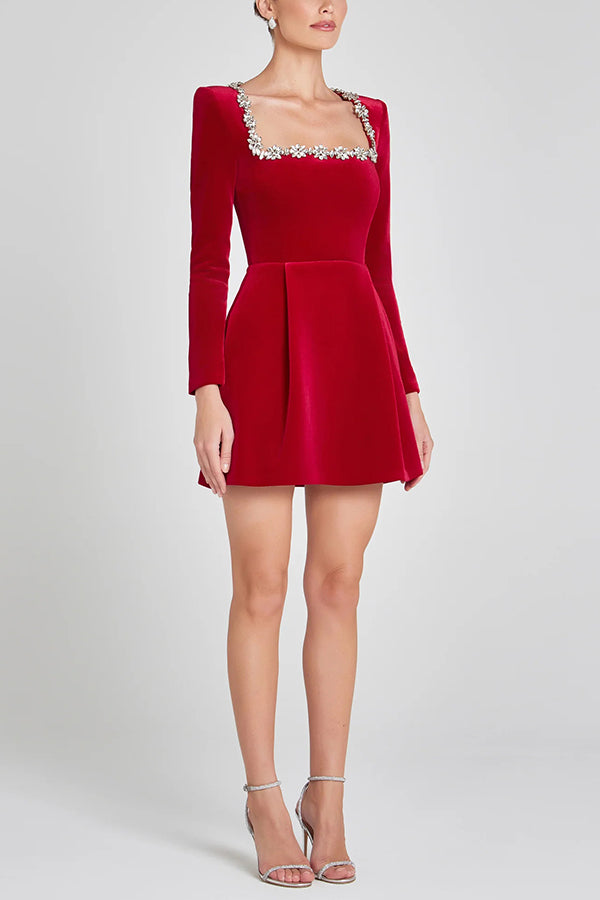 Velvet Square Neck Rhinestone Trim Long Sleeve Pocket A-Line Mini Dress