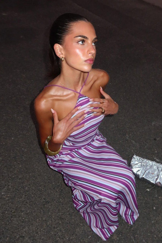 Purple Halter Neck Horizontal Diagonal Stripe Chevron Maxi Dress