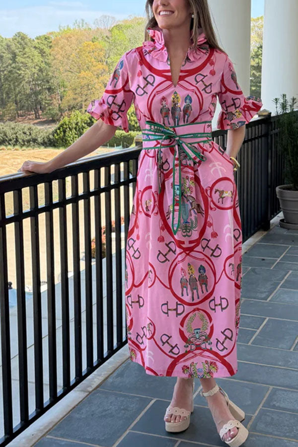 Churchill Social Playful Warhorse Print Stand Neck Ruffle Sleeve Belted Pocket Caftan Midi Dress