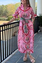 Churchill Social Playful Warhorse Print Stand Neck Ruffle Sleeve Belted Pocket Caftan Midi Dress