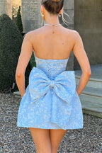 Strapless Jacquard Floral Bow Back Fit and Flare Mini Dress