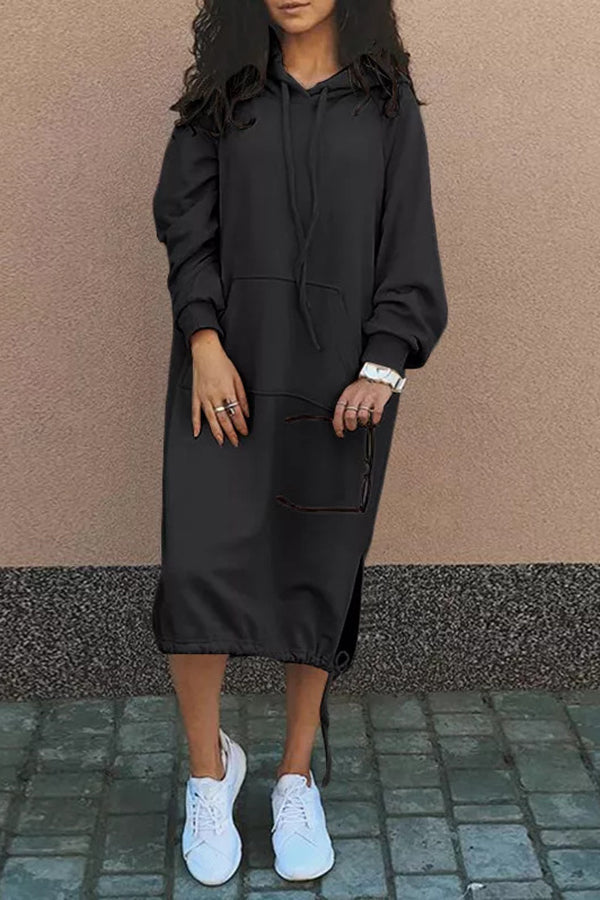Oversized Hooded Kangaroo Pocket Drawstring Hem Side Slit Midi Sweatshirt Dress
