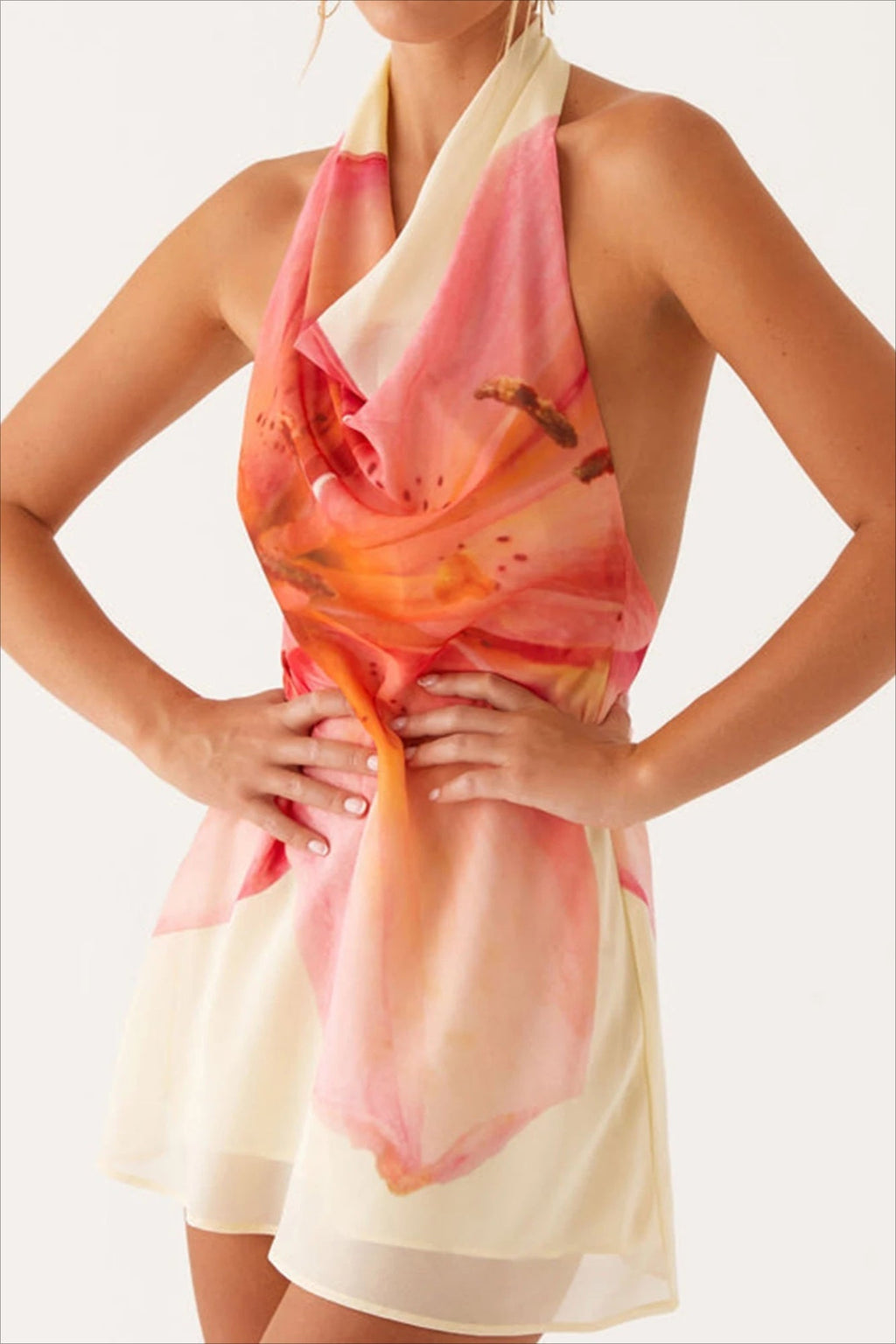 Floral Print Halter Neck Cowl Neck Backless Mini Dress