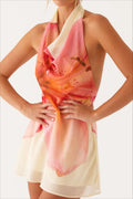 Floral Print Halter Neck Cowl Neck Backless Mini Dress