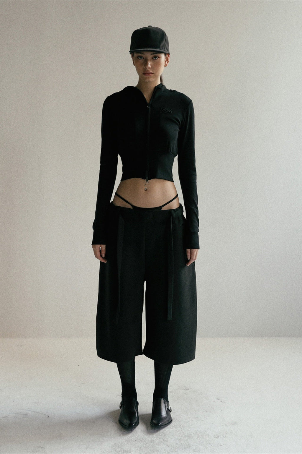 Zipper Cropped Embroidered Hoodie