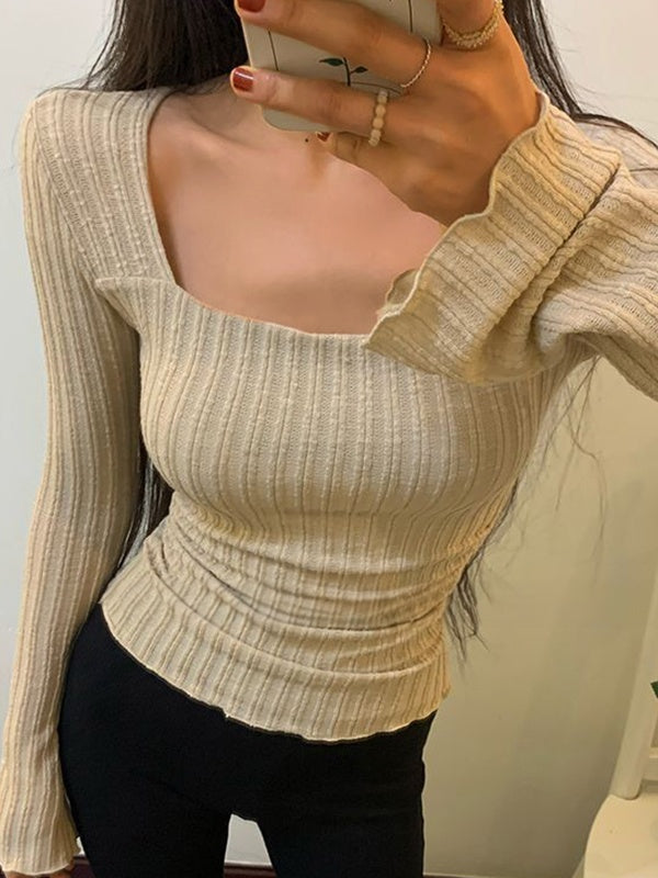 Square Neck Flare Sleeve Slim Knit