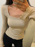 Square Neck Flare Sleeve Slim Knit