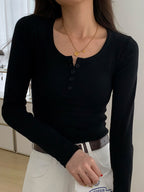 Solid Color Rib High Elastic Breasted Long Sleeve Knit
