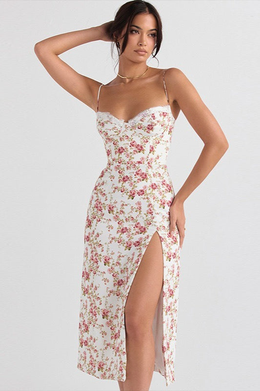 Spaghetti Strap Sweetheart Lace Trim Corset Bodice High Slit Midi Dress