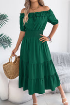 Stylish Off-shoulder Short-sleeved Pleated Waist Casual Midi Dress