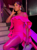 Off Shoulder Ruffle Cascade Sleeve Side Slit Mini Dress