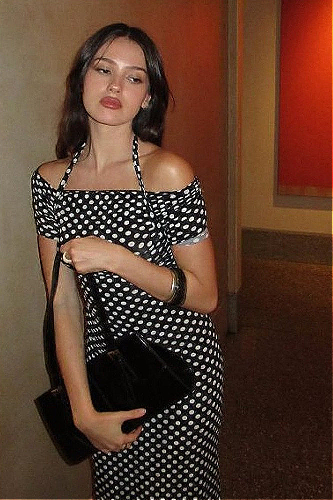 Polka Dot Off Shoulder Halter Strap Bodycon Midi Dress