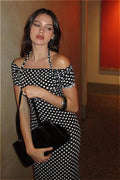 Polka Dot Off Shoulder Halter Strap Bodycon Midi Dress
