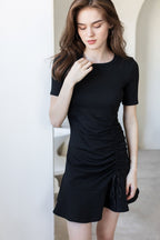 Short Sleeve Round Neck Side Ruched Drawstring Flounce Hem Mini Dress