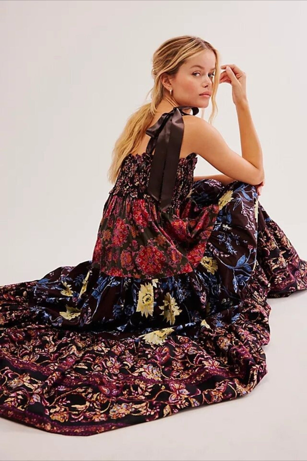 Smocked V Neck Bow Shoulder Strap Mixed Floral Tiered Maxi Dress