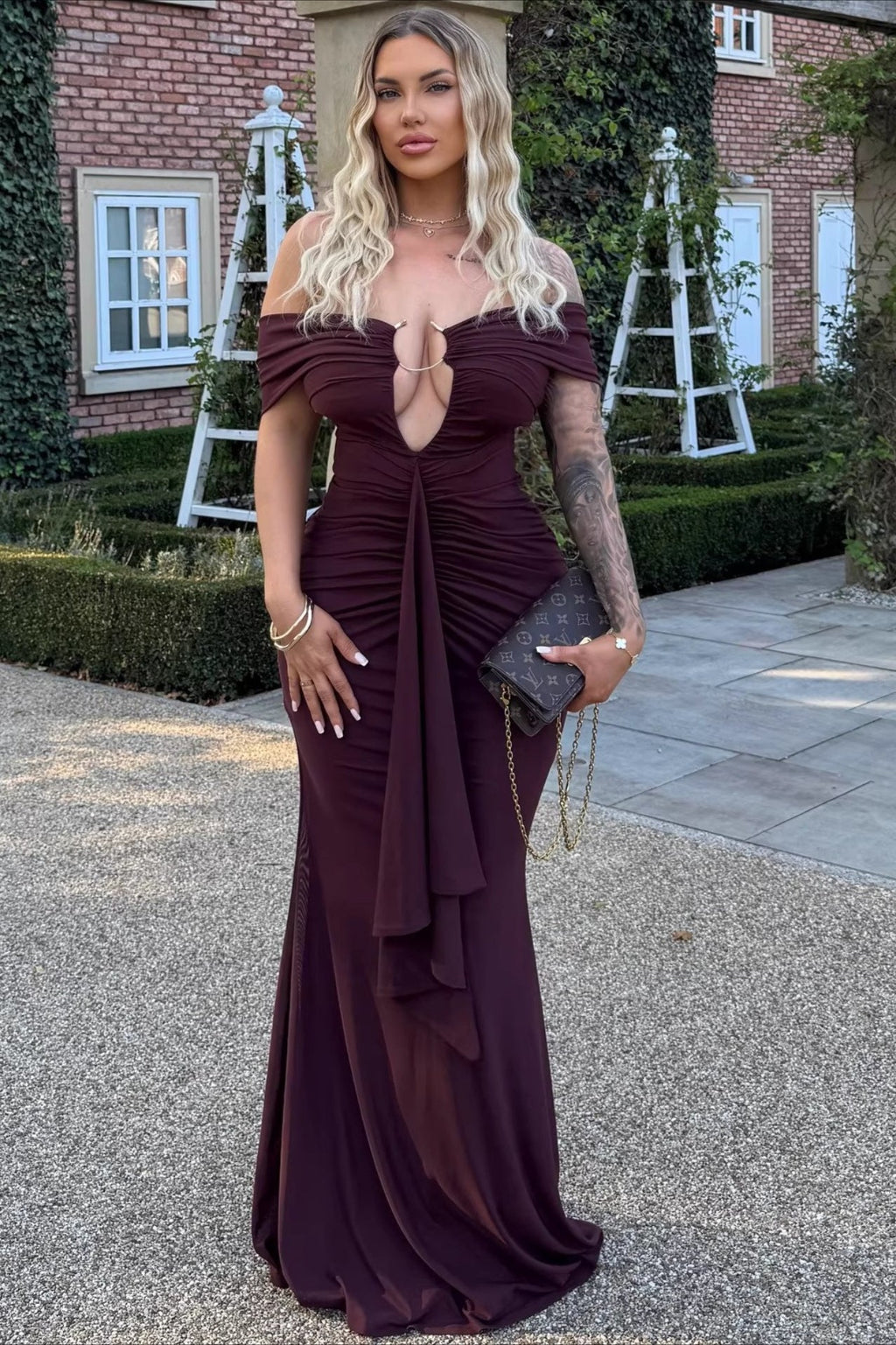 Off Shoulder Plunging V Ring Detail Ruched Front Drape Maxi Dress