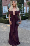 Off Shoulder Plunging V Ring Detail Ruched Front Drape Maxi Dress