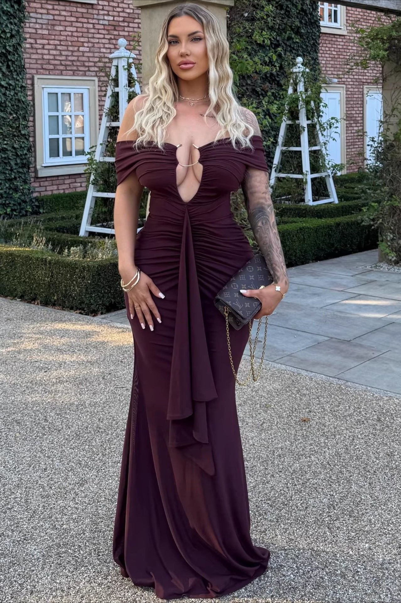 Off Shoulder Plunging V Ring Detail Ruched Front Drape Maxi Dress