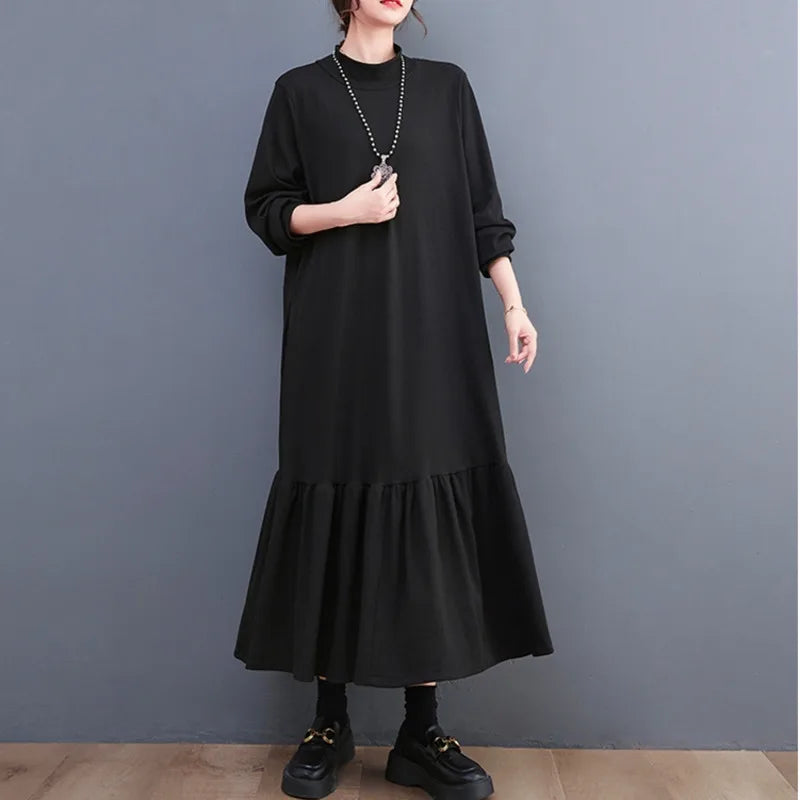 Mock Neck Long Sleeve Oversized Ruffle Hem Knit Maxi Dress