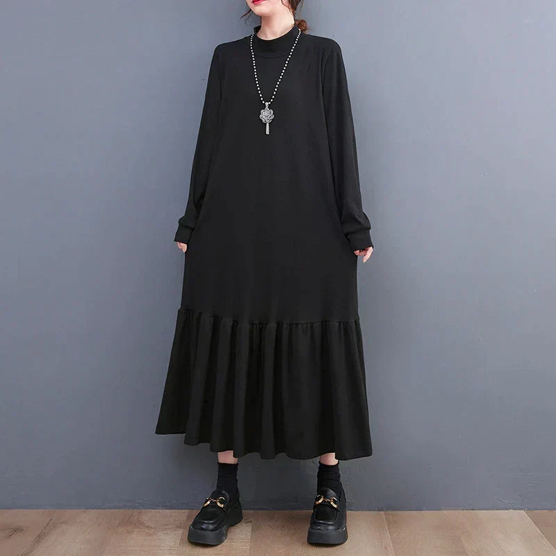 Mock Neck Long Sleeve Oversized Ruffle Hem Knit Maxi Dress