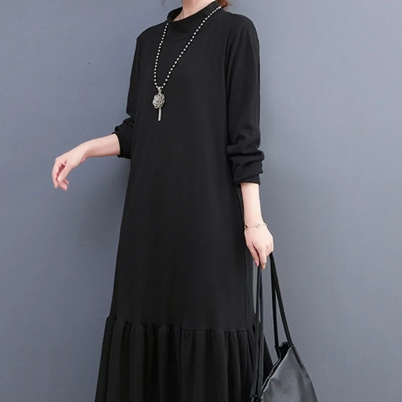 Mock Neck Long Sleeve Oversized Ruffle Hem Knit Maxi Dress