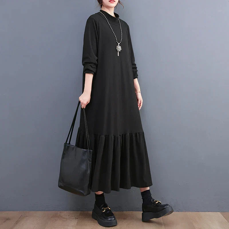 Mock Neck Long Sleeve Oversized Ruffle Hem Knit Maxi Dress