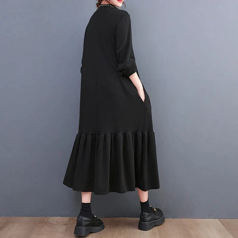 Mock Neck Long Sleeve Oversized Ruffle Hem Knit Maxi Dress