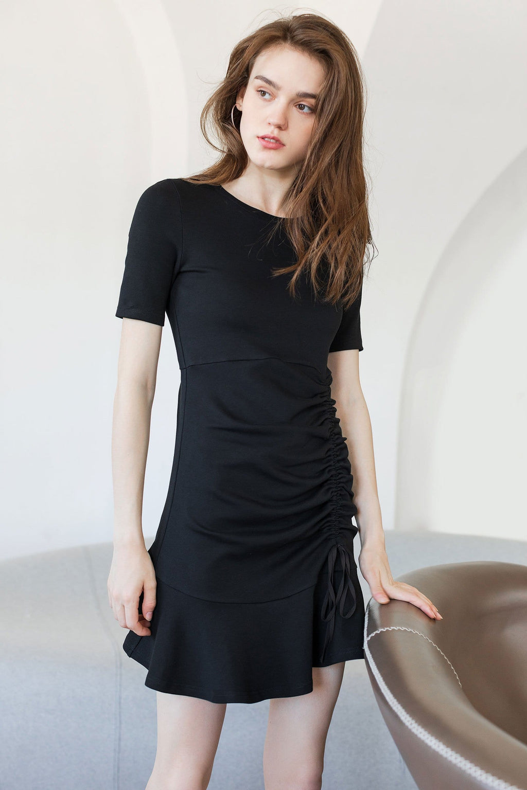 Short Sleeve Round Neck Side Ruched Drawstring Flounce Hem Mini Dress