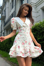Oversized Collar Puff Sleeve Pearl Button Ruffle Tier Hem Floral Print Mini Dress
