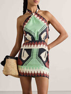 Halter Neck Geometric Tribal Print Side Cut Out Mini Dress