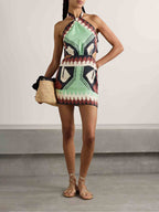 Halter Neck Geometric Tribal Print Side Cut Out Mini Dress